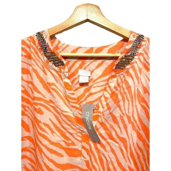 CHICO'S - embelished neck orange tunic zebra craze women's size 3 (large) - Picture 2 of 9